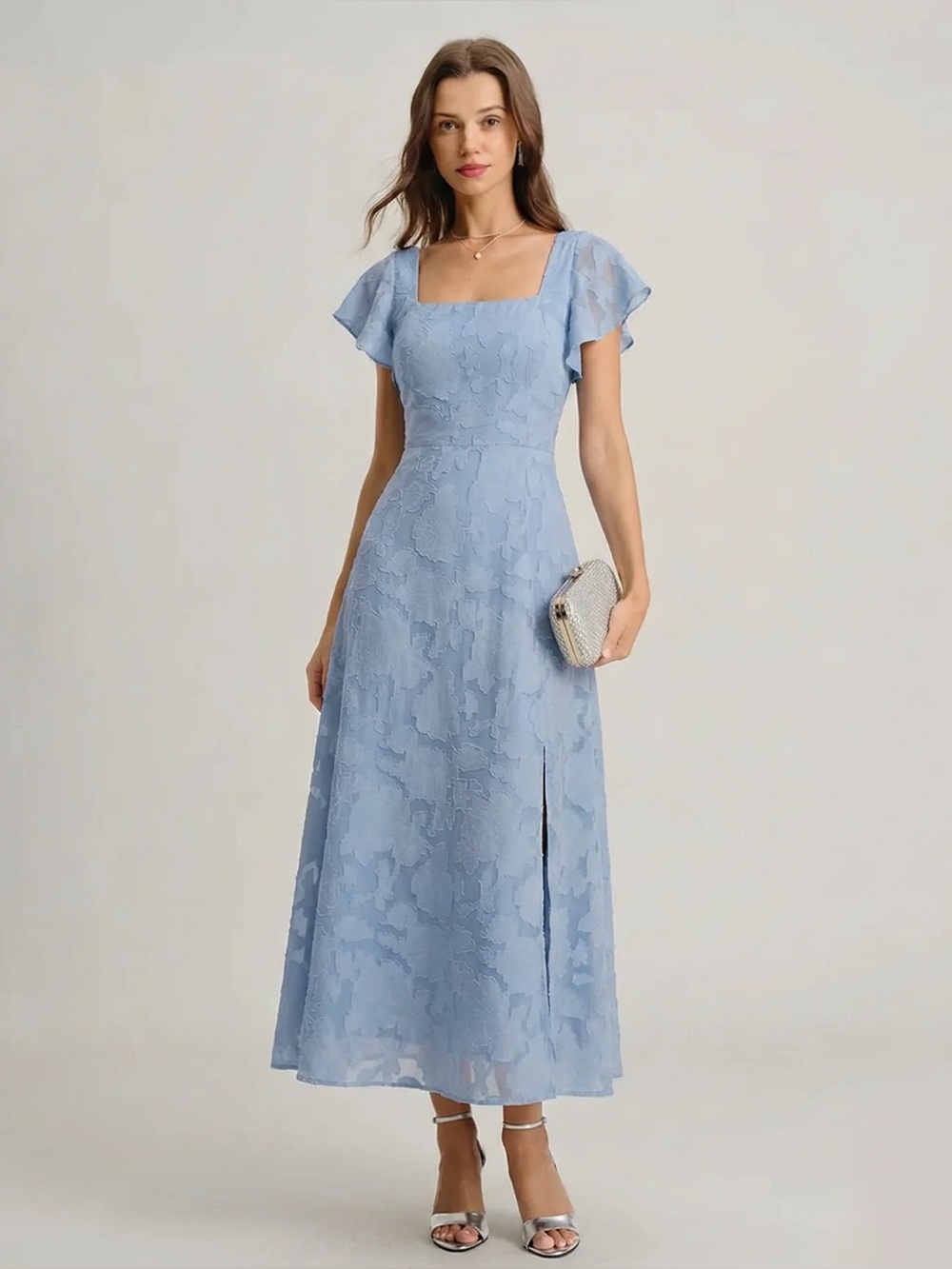 Rihoas Blue Floral Square Neck Midi Dress